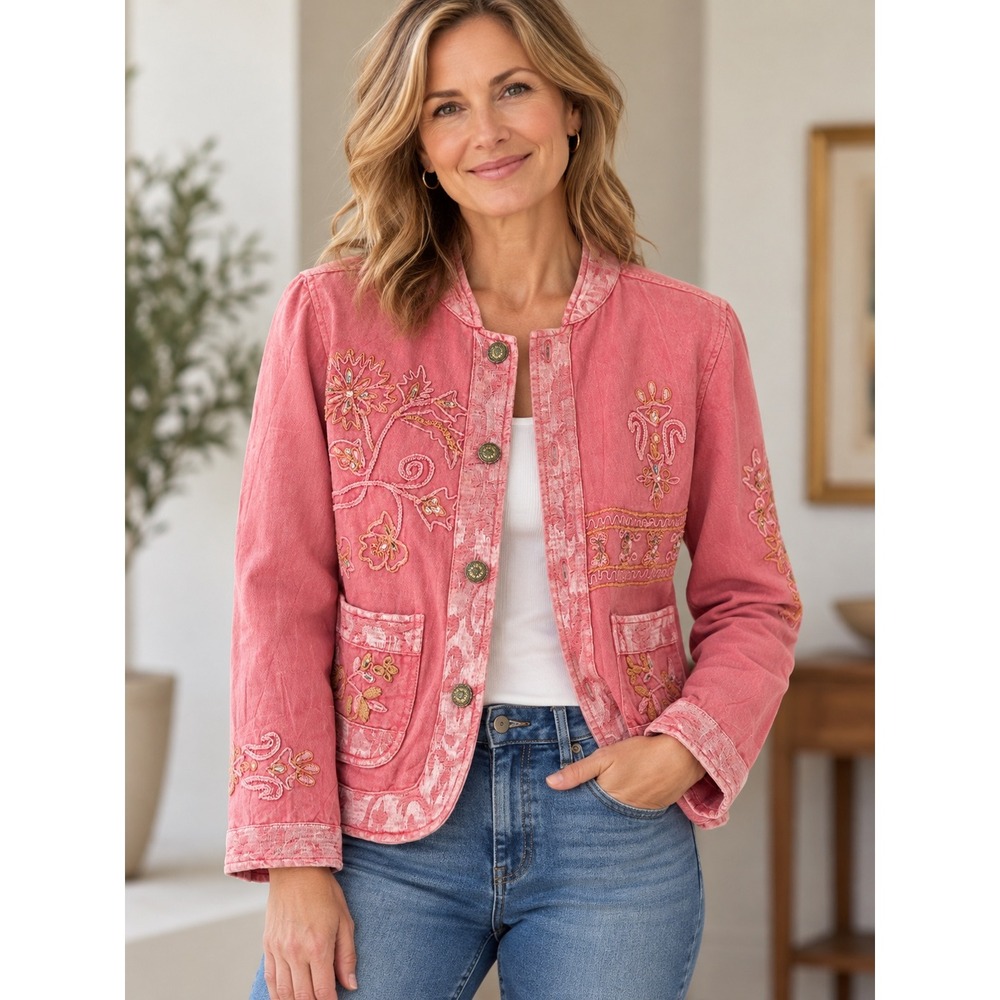 Flashback Vintage Pink Embroidered Beaded Floral Jacket Boho Art to Wear Medium